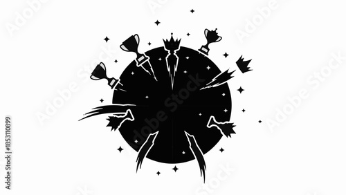 Victory celebration with glowing stars and trophies around a stylized planet.