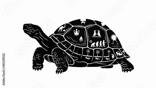 A tortoise shell illustrated with symbols of human evolution and progress.