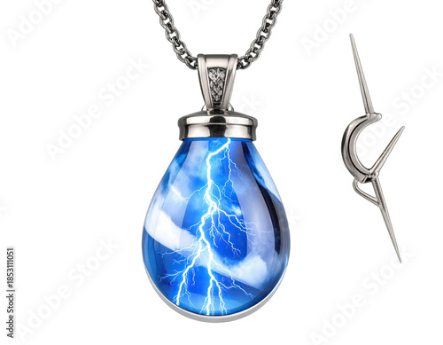 A pear-shaped, electric-themed pendant necklace with an attached charm on black backdrop
