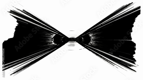 Abstract black ink brush strokes create a symmetrical, futuristic tunnel effect