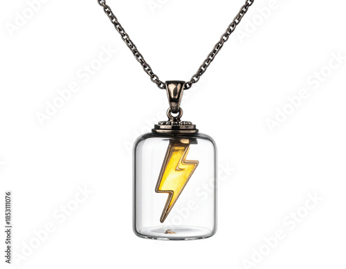 A clear glass bottle pendant holds a yellow lightning bolt, suspended by a delicate chain