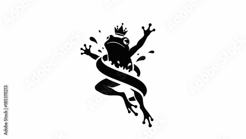 Joyful frog with crown leaps through water splash, symbolizing freedom and triumph.