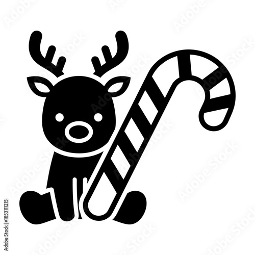 Solid Black Reindeer and Striped Candy Cane Vector Icon