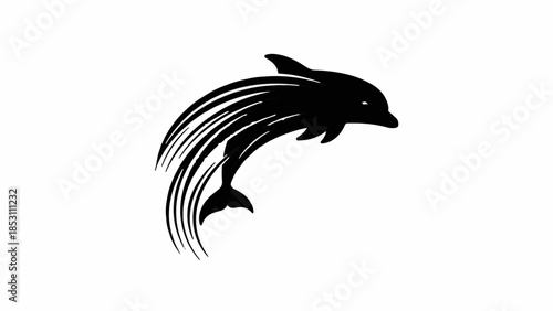 Sleek black silhouette of a dolphin leaping through stylized water waves