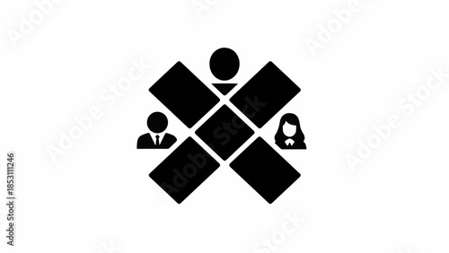 Abstract representation of teamwork and collaboration with stylized figures around a central design.