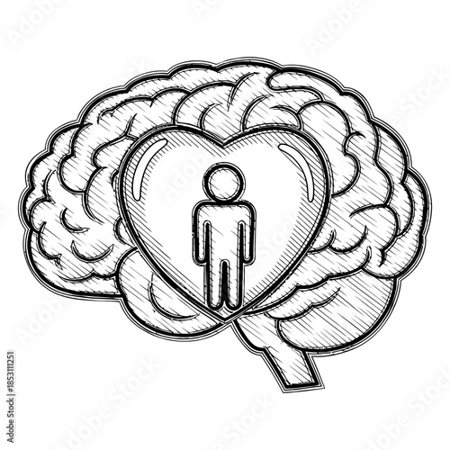 Line Art Brain with Heart and Person Symbol, Black and White Sketch