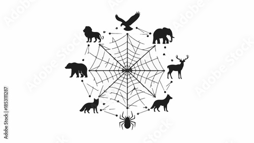 Diverse animal silhouettes connected in a web symbolizing ecosystem balance and interdependence.