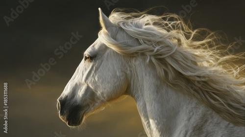 Wallpaper Mural White pony with flowing mane illuminated by sunset Torontodigital.ca