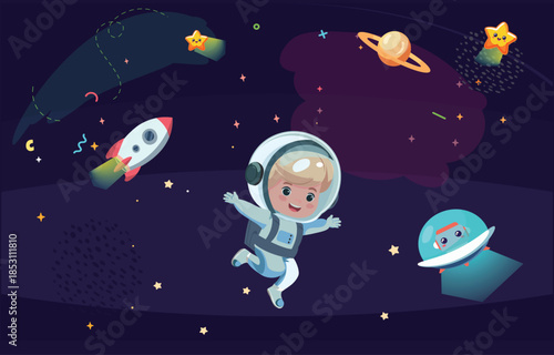 astronaut kid in space vector illustration