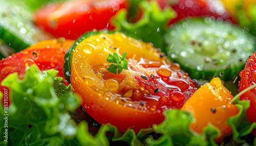 Close-up of Fresh, Vibrant Garden Salad with Dewy Cherry Tomatoes, Crisp Cucumber Slices, and Lush Green Lettuce Leaves, Highlighting Healthy Eating