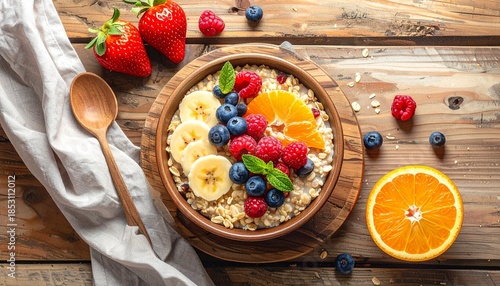 Wholesome oatmeal bowl overflowing with vibrant fresh berries, banana, and orange segments, beautifully arranged on a rustic wooden table for a nutritious breakfast
