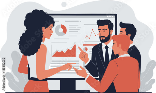 Diverse business team analyzing financial data and growth charts on a large monitor, demonstrating collaborative strategy and performance review consultation.