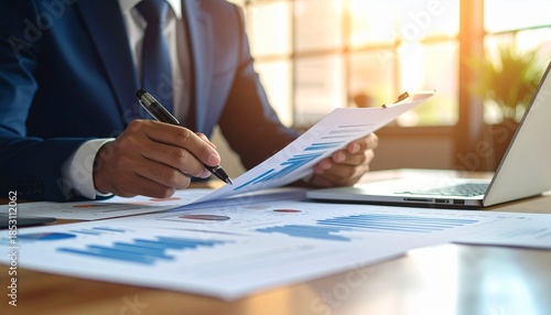Professional businessman reviews financial reports and performance data, meticulously analyzing charts and graphs on documents and a laptop in a well-lit office setting
