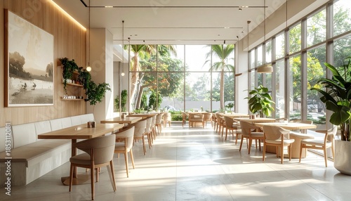 Bright, modern restaurant interior with elegant wooden furniture and large windows overlooking a lush garden, creating a serene dining experience