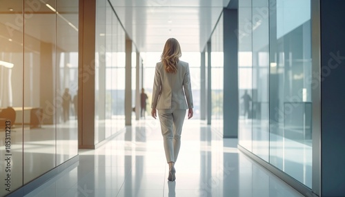 A confident professional businesswoman in a sleek suit walks purposefully down a bright, modern corporate office corridor, embodying ambition and progress