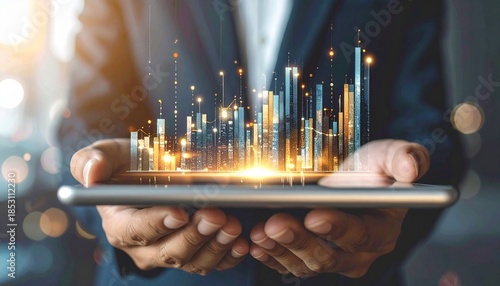 Businessman holding a tablet displaying a futuristic smart city skyline with glowing data connections, symbolizing urban innovation, digital transformation, and future technology development