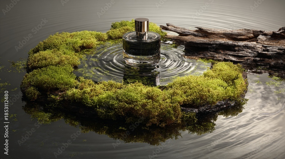 Naklejka premium A bottle of cologne is floating on top of a body of water. The bottle is surrounded by green moss and the water is calm. Concept of tranquility and relaxation