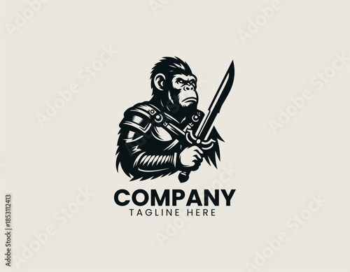 Ape warrior character is depicted as a powerful primal symbol in a bold black vector logo illustration