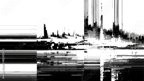 Glitchy cityscape with distorted lines and shapes