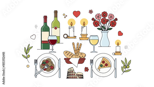 Romantic Italian Dinner with Colosseum Silhouette, Wine, Pizza, Pasta, and Flowers