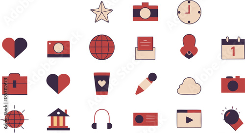 Collection of colorful flat icons representing love music and everyday objects