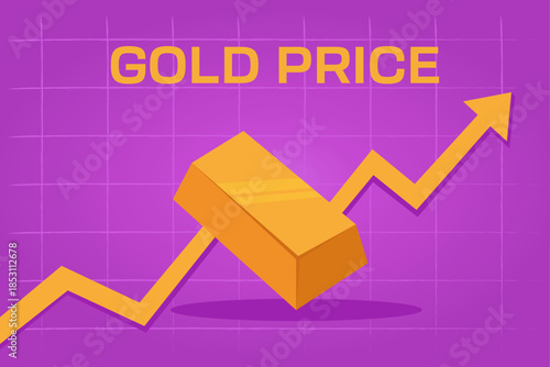 Gold price chart showing upward trend with gold bar and arrow. Rising gold prices and investment growth.