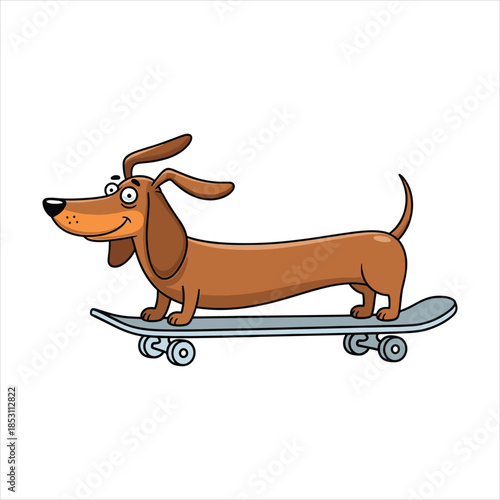 Cartoon dachshund dog riding a skateboard with floppy ears Keywords: dog, dachshund, sausage dog