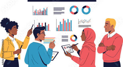 Diverse business team presenting financial reports and analyzing data visualizations on a large board, symbolizing professional corporate strategy and collaborative planning.