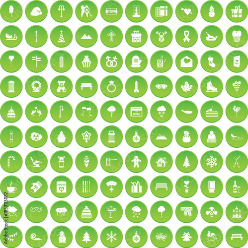 100 winter icons set green circle