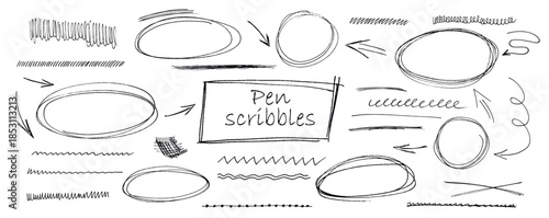 Hand drawn scribble style with black pen creating round circle underline strokes, rectangle frame doodle arrow elements shaping vector set kit bundle for highlight text in dynamic oval line theme.