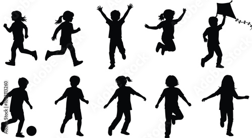 Children playing silhouette illustration set showing kids running jumping dancing and flying kite isolated on white background childhood fun concept