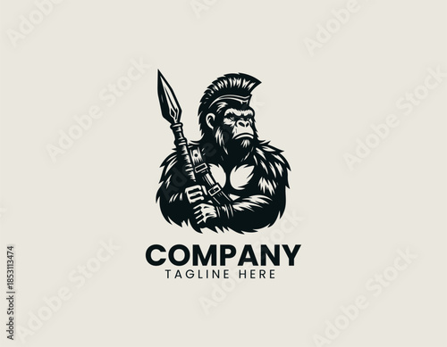 Ape warrior character is depicted as a powerful primal symbol in a bold black vector logo illustration