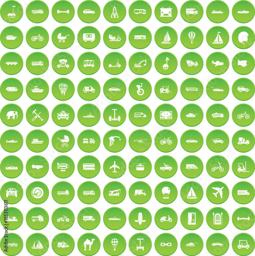 100 transport icons set green circle