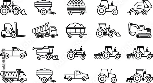 Agricultural machinery and farm vehicle icon set illustration, tractors, harvesters, trailers, trucks, loaders, modern outline vector collection for farming and agriculture design