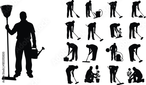 Cleaning and gardening worker silhouette illustration set showing people sweeping watering planting and maintaining outdoor areas isolated on white background