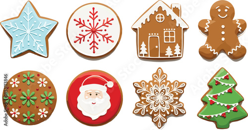 Christmas gingerbread cookie set illustration, festive holiday sweets with snowflake, Santa, tree, house shapes, colorful icing dessert collection for winter celebration design