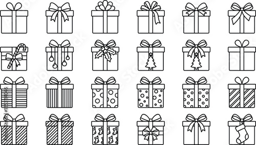 Gift box icon set illustration, wrapped present packages with bows, ribbons, holiday decorations, Christmas symbols, modern outline vector collection for festive design