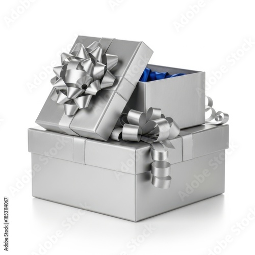 Stack of silver gift boxes with bows
