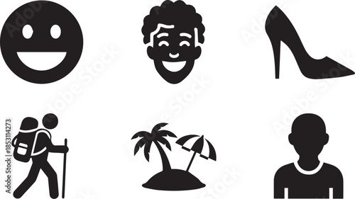 Collection of six black silhouette icons on white background