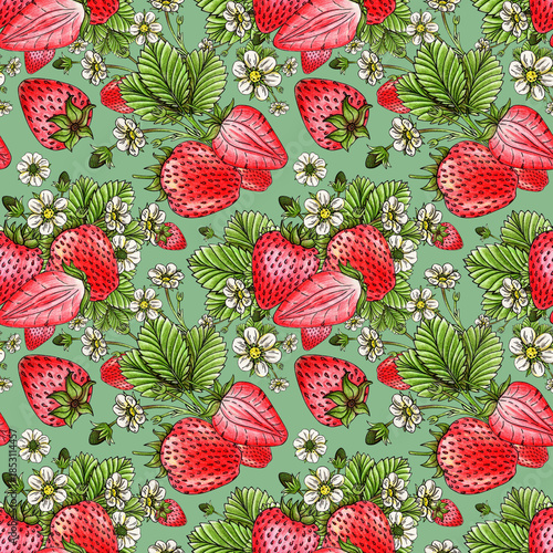 Strawberry farm seamless pattern hand drawn watercolor. Ripe red fruit. Juicy berry harvest. Seasonal sweet food. Healthy nutrition, vitamins. Vegetarian. Illustration background for wall and wrapper.
