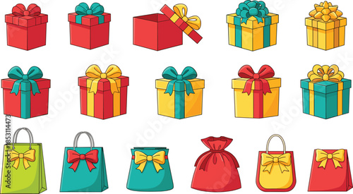 Colorful gift boxes and shopping bags illustration set featuring wrapped presents bows ribbons isolated on white background for retail celebrations