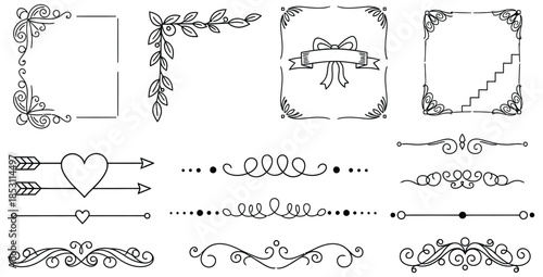 Collection of elegant black and white decorative hand drawn flourish elements for elegant design projects