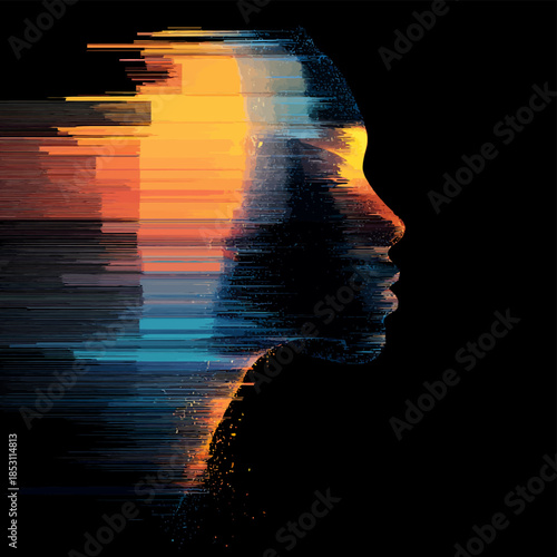 Abstract human face profile with digital glitch effect art concept for modern technology design idea art vector illustration