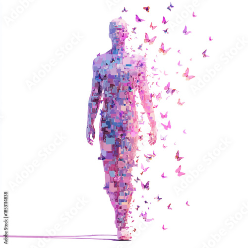 Abstract human figure dissolving into butterflies digital art concept transformation and metamorphosis design vector illustration