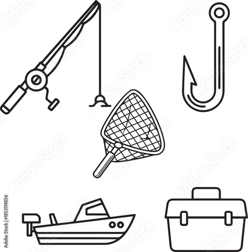 Fishing equipment and outdoor recreation line icon set: rod, hook, boat, and tackle box.
