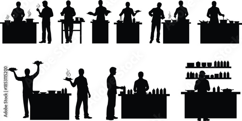 Cooking people silhouette illustration set showing chefs and kitchen workers preparing serving food at counters isolated on white background culinary concept