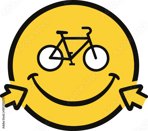 Smiling yellow emoticon riding a bicycle