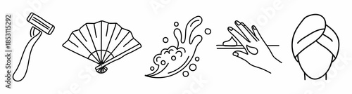 A series of illustrations depicting a woman s morning beauty and hygiene routine with simple icons