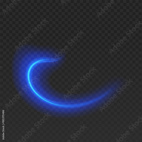 Abstract blue neon light trail with motion blur effect on transparent background