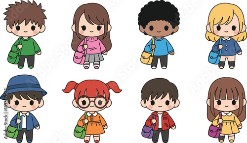 Cute cartoon school children characters with backpacks, diverse boys and girls set, colorful flat vector illustration isolated on white